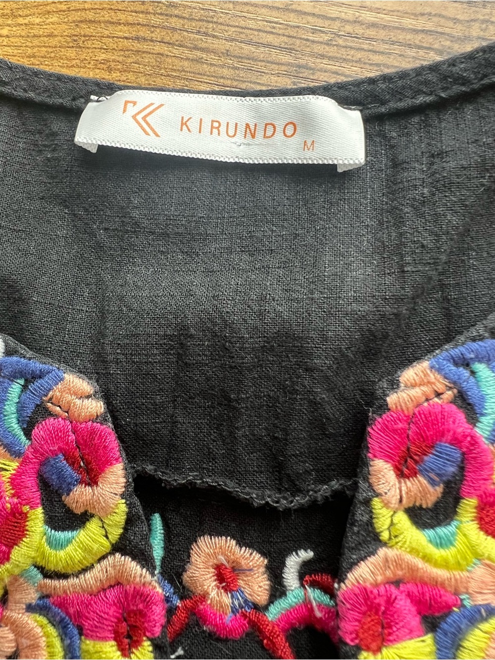 Kirundo Black Floral Embroidered Boho Mini Shift Dress M Pom Pom - Picture 3 of 8